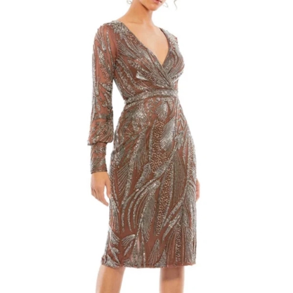 Mac Duggal Mocha Sheath Dress with Plunge Neckline and Bishop Sleeves